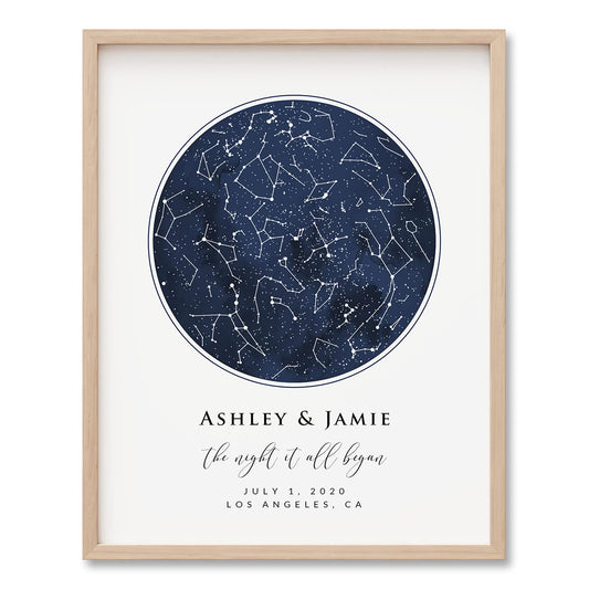 Custom Star Map Print, Navy Watercolor Texture Zodiac Constellation Map