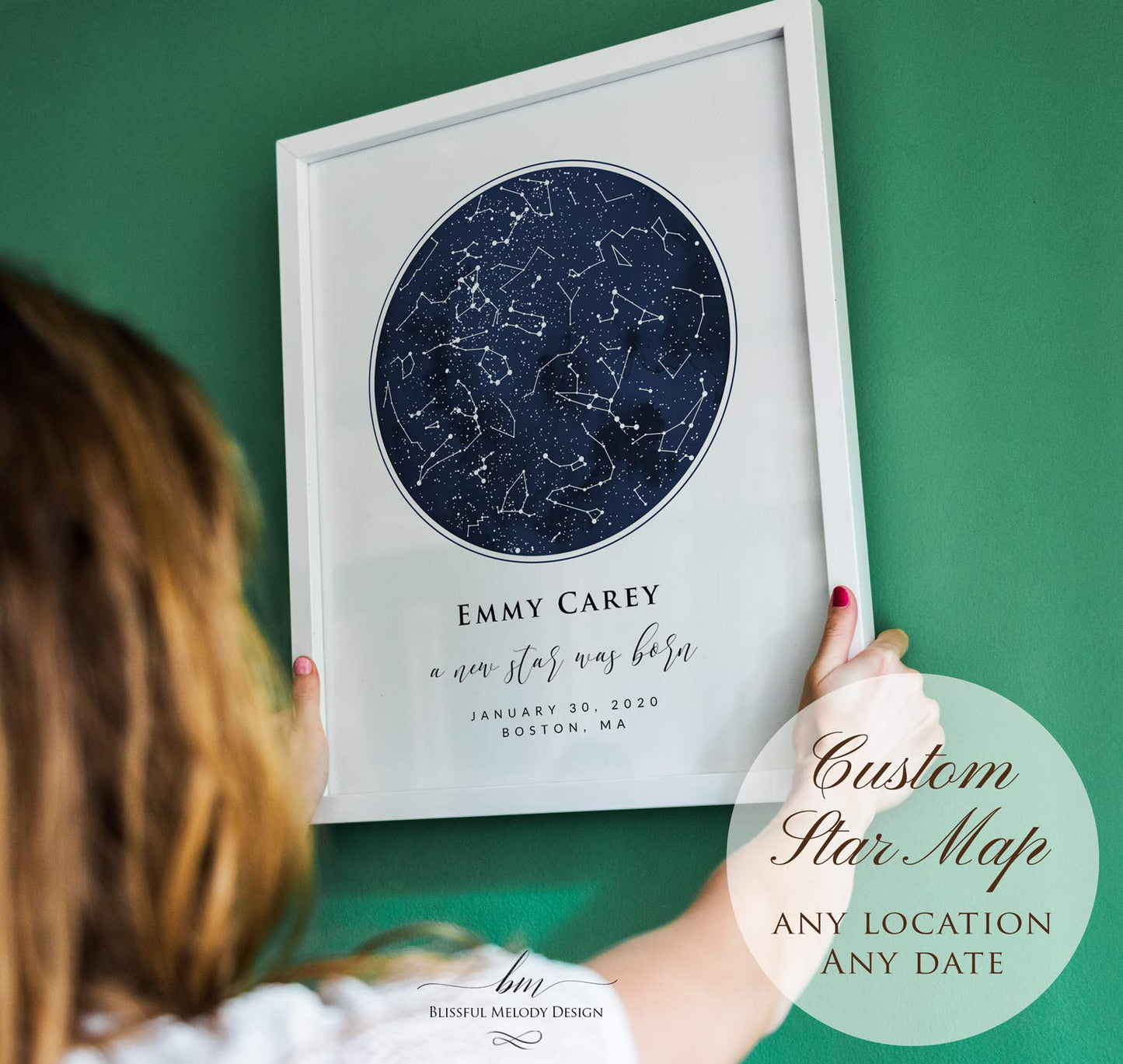 Custom Star Map Print, Navy Watercolor Texture Zodiac Constellation Map