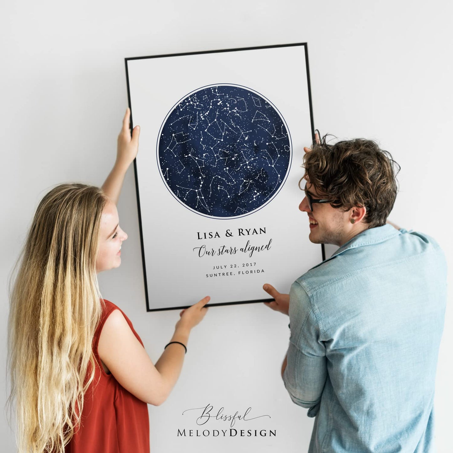 Custom Star Map Print, Navy Watercolor Texture Zodiac Constellation Map