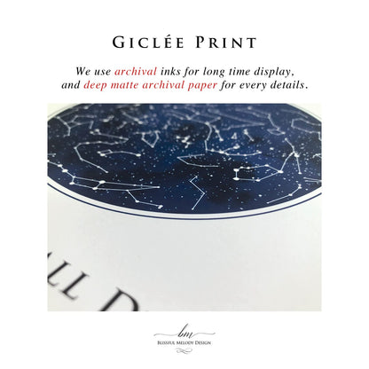 Custom Star Map Print, Navy Watercolor Texture Zodiac Constellation Map