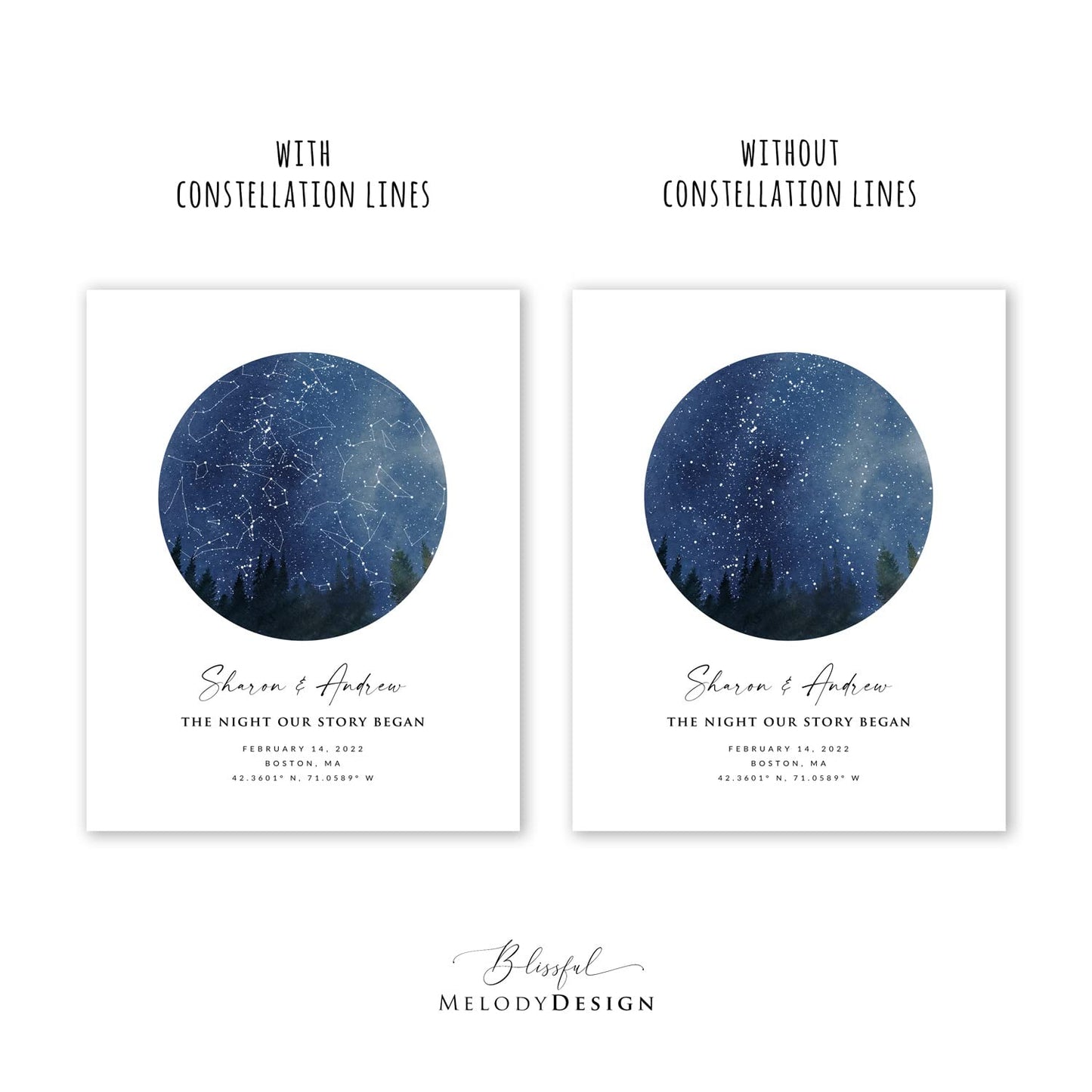 Custom Star Sky Map Print, Night Sky Star Chart with Pine Trees