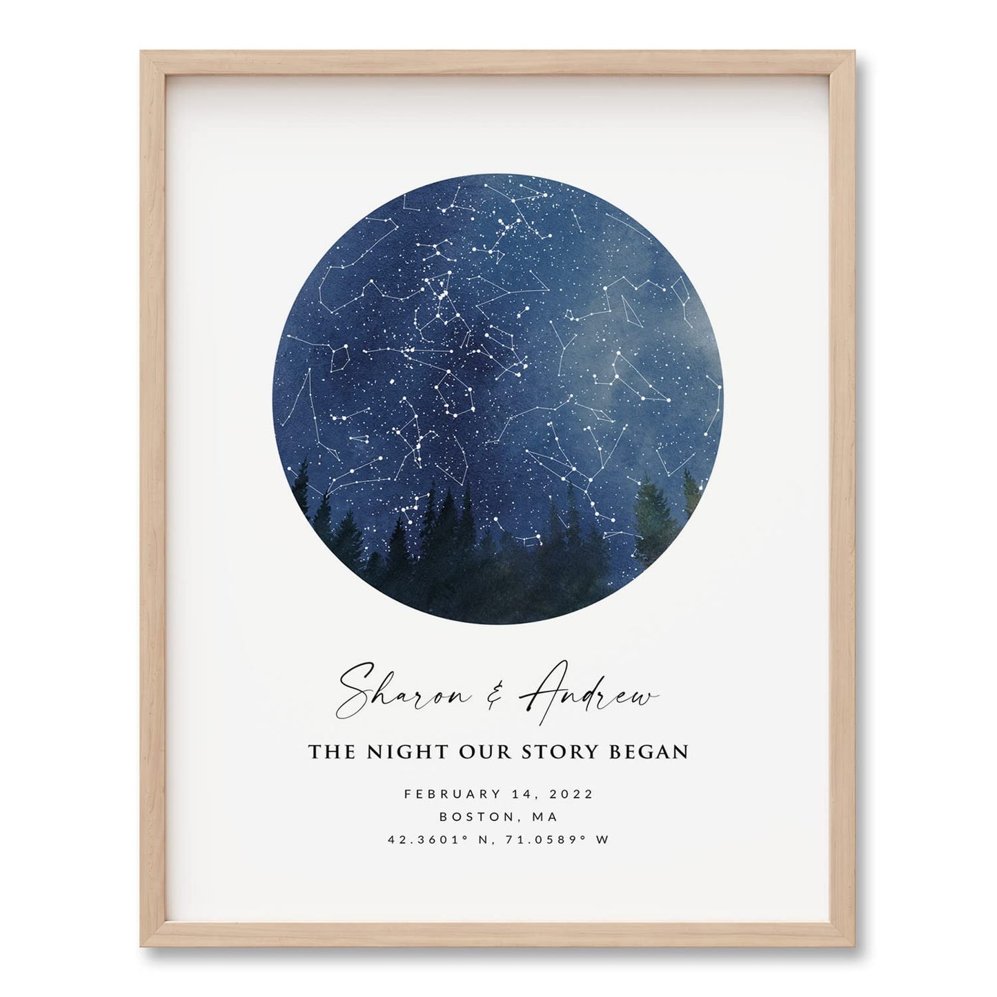 Custom Star Sky Map Print, Night Sky Star Chart with Pine Trees