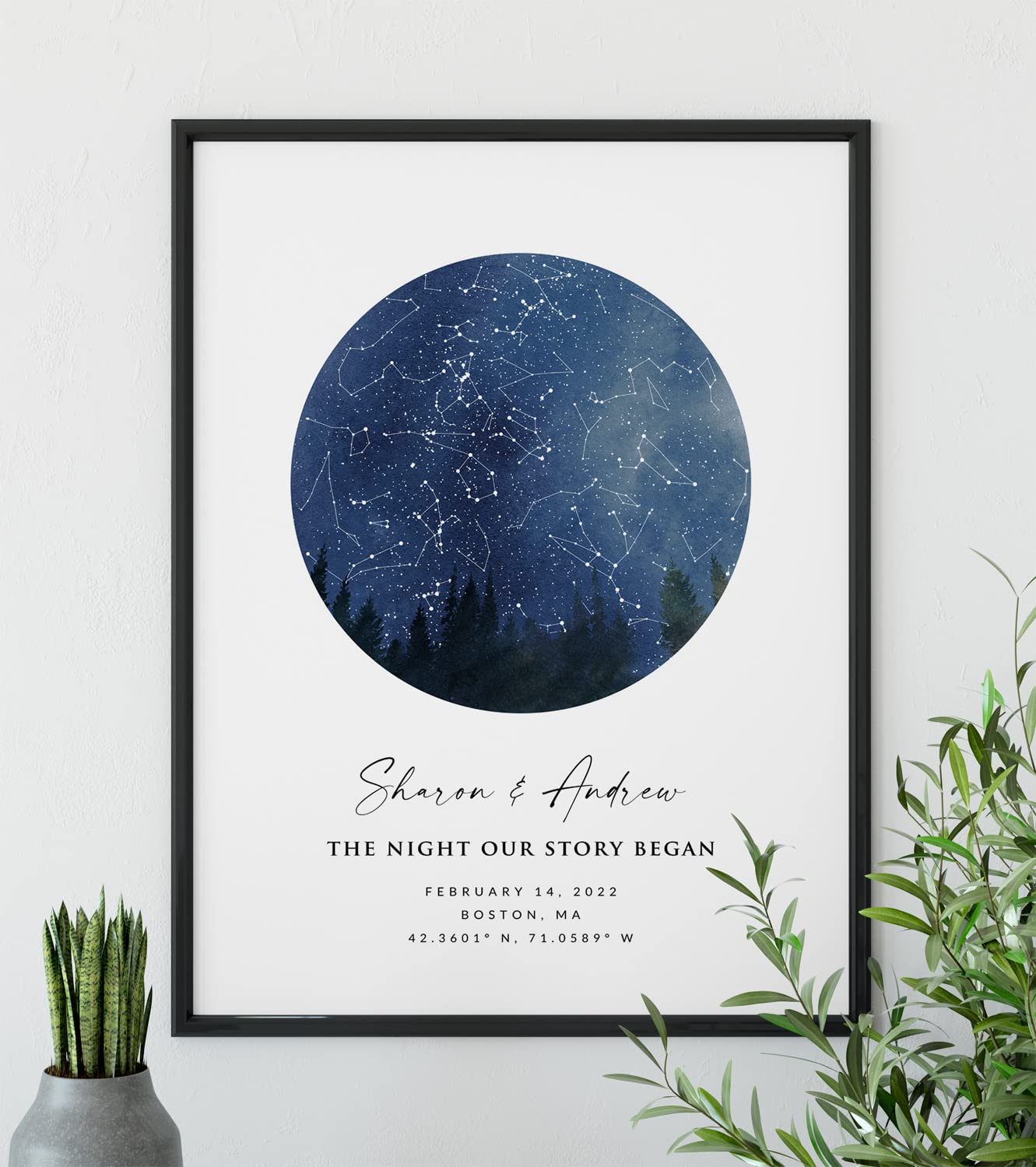 Custom Star Sky Map Print, Night Sky Star Chart with Pine Trees