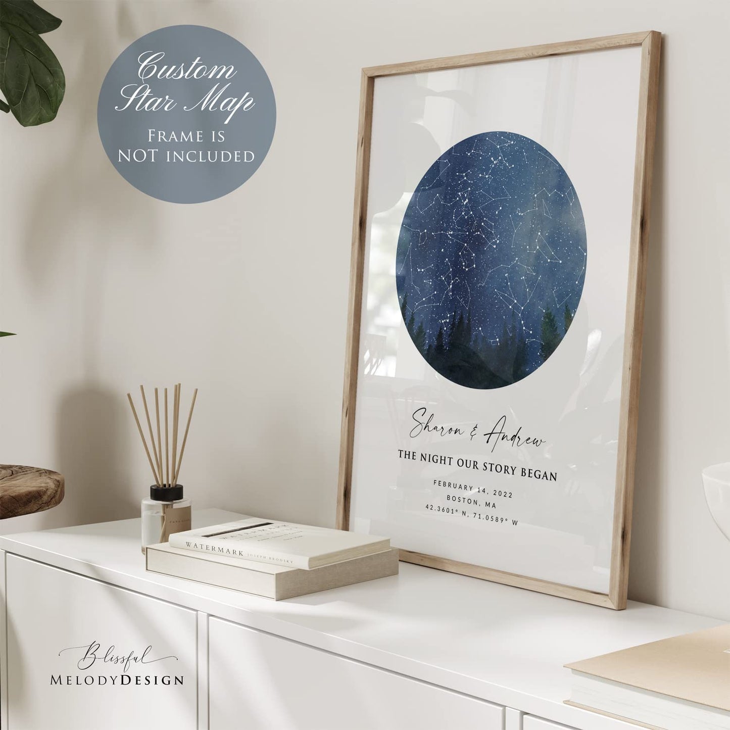 Custom Star Sky Map Print, Night Sky Star Chart with Pine Trees