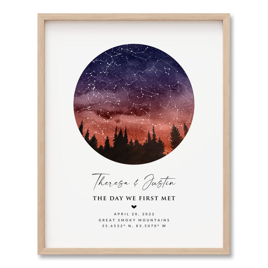 Custom Star Sky Map Print, Sunset Sky Star Chart with Pine Trees