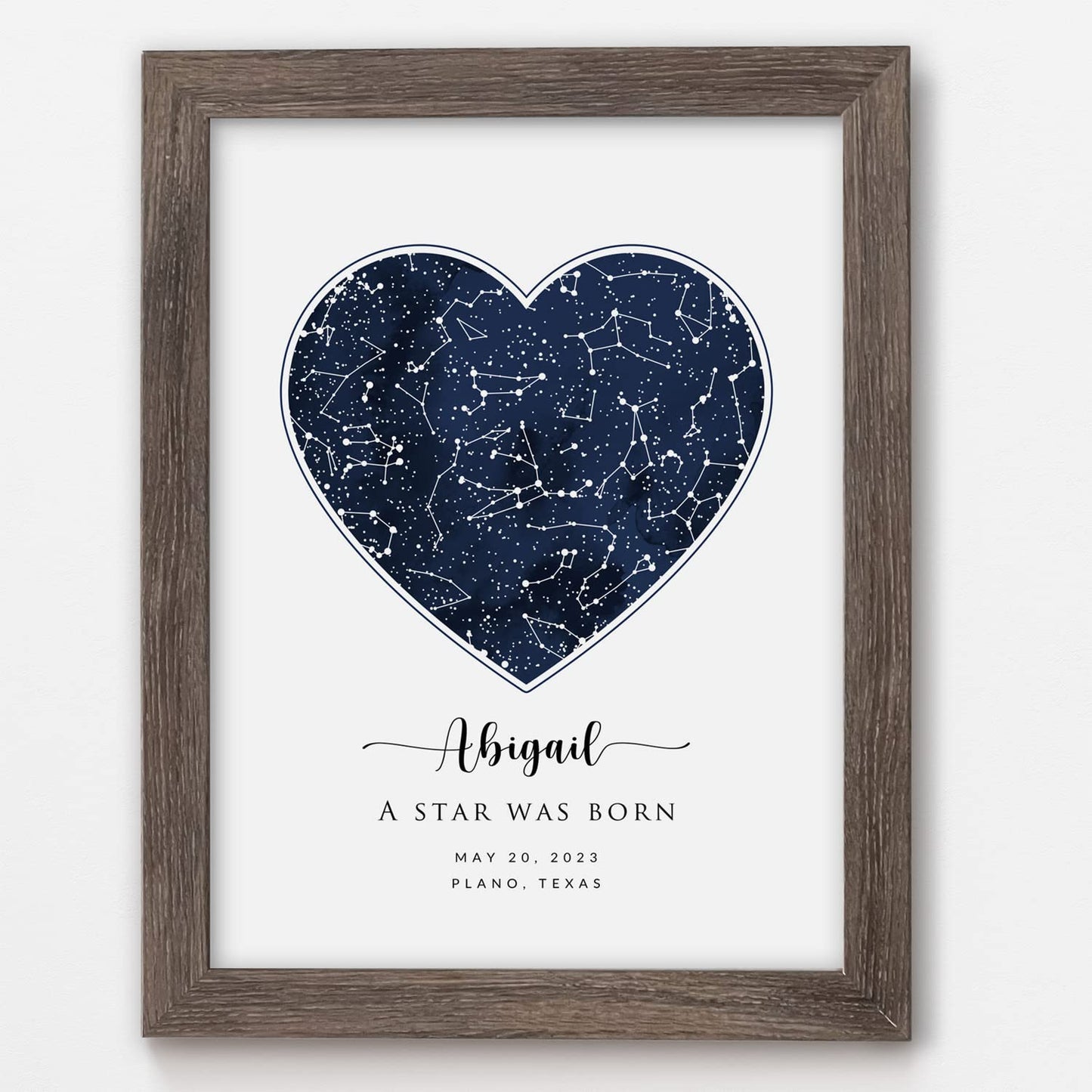 Custom Star Map Print, Navy Watercolor Texture Zodiac Constellation Heart Shape Map