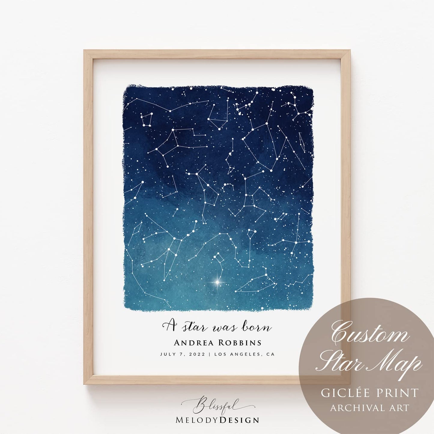 Custom Star Sky Map Print, Blue Watercolor Texture Night Sky Map Wall Art