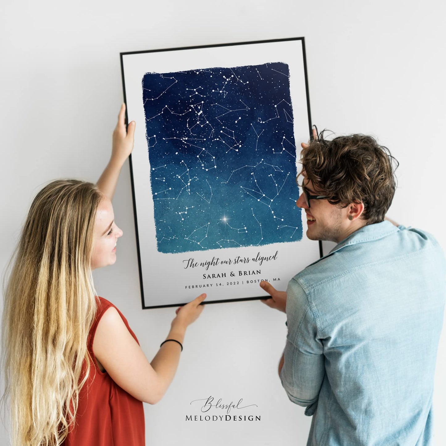 Custom Star Sky Map Print, Blue Watercolor Texture Night Sky Map Wall Art