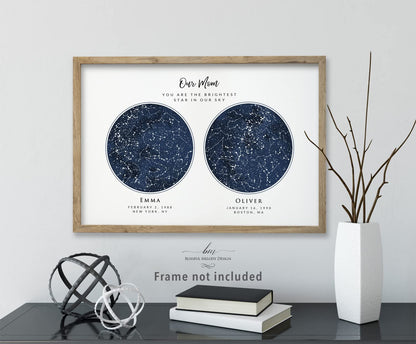 Custom 2 Sky Maps Print, Navy Watercolor Constellation Star Map