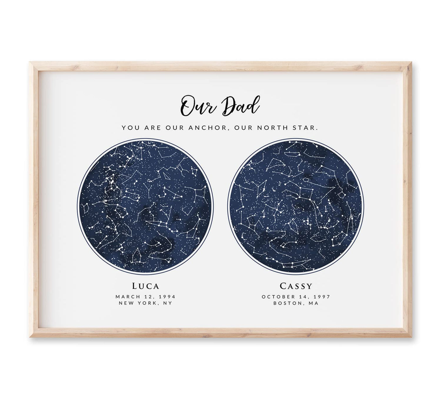 Custom 2 Sky Maps Print, Navy Watercolor Constellation Star Map