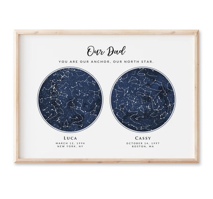 Custom 2 Sky Maps Print, Navy Watercolor Constellation Star Map