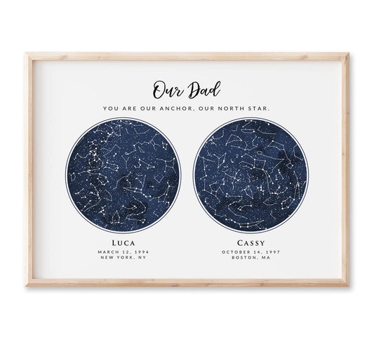 Custom 2 Sky Maps Print, Navy Watercolor Constellation Star Map