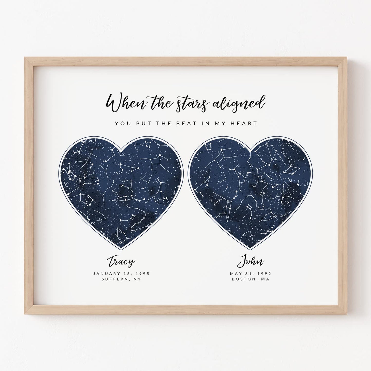 Custom 2 Sky Maps Print, Navy Watercolor Constellation Heart Shape Star Map