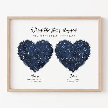 Custom 2 Sky Maps Print, Navy Watercolor Constellation Heart Shape Star Map