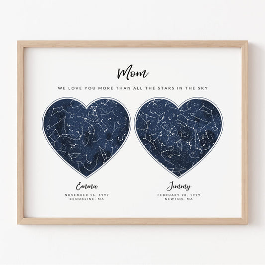 Custom 2 Sky Maps Print, Navy Watercolor Constellation Heart Shape Star Map