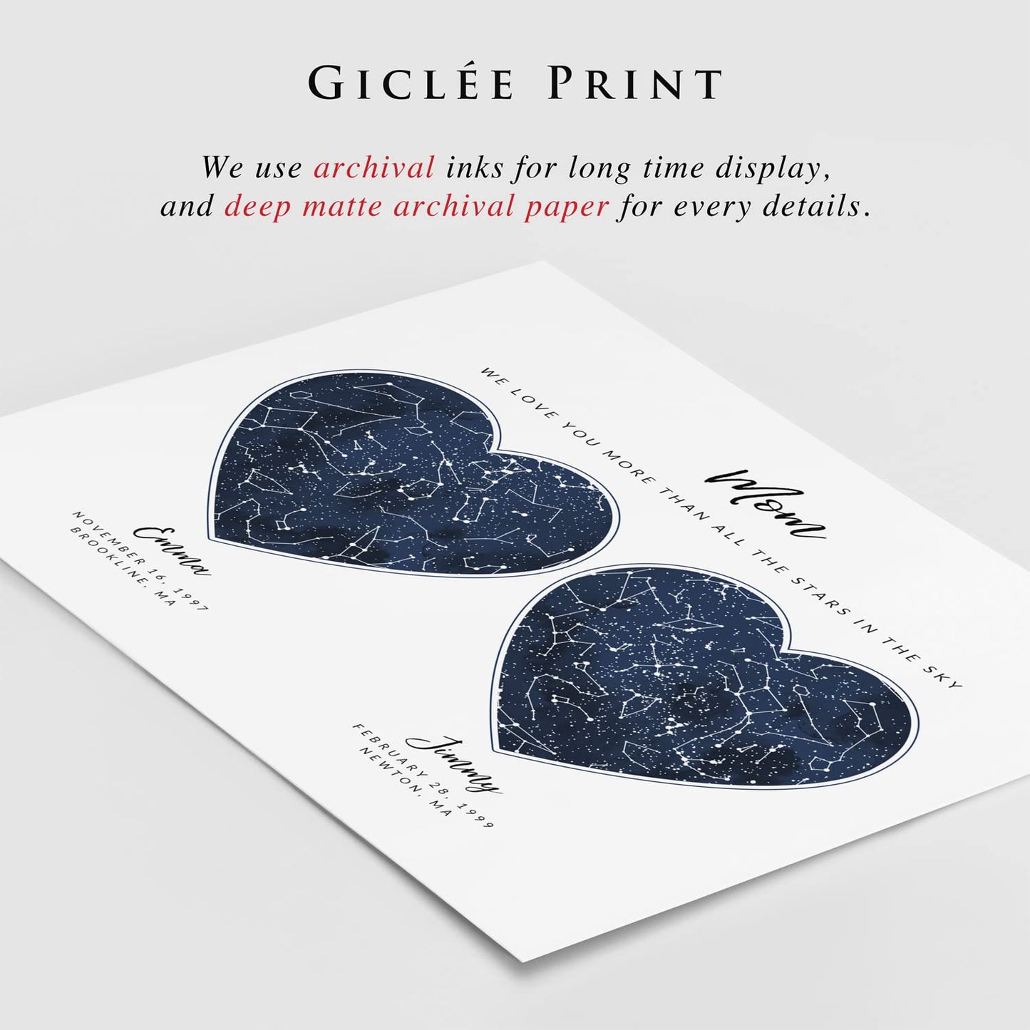 Custom 2 Sky Maps Print, Navy Watercolor Constellation Heart Shape Star Map