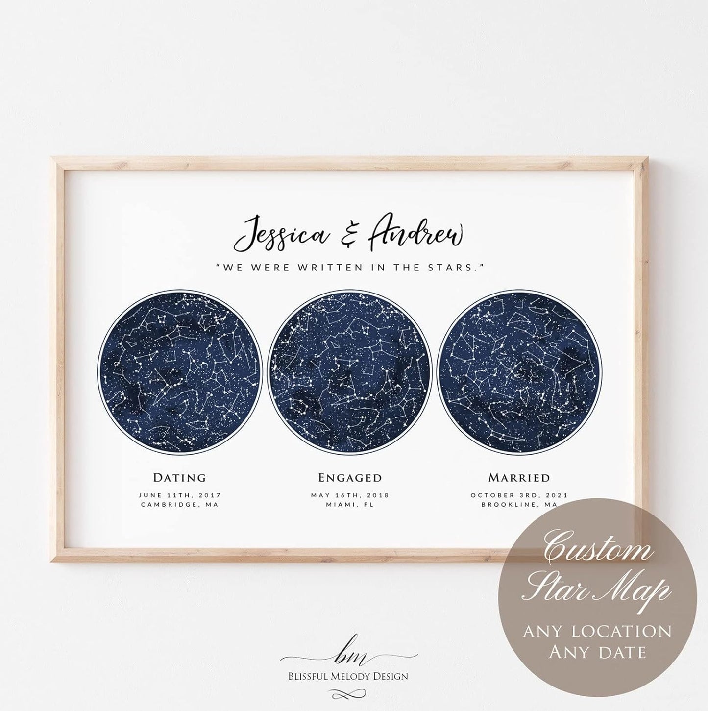 Custom 3 Sky Maps Print, Navy Watercolor Constellation Star Map