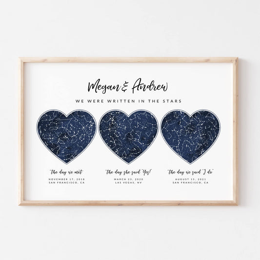 Custom 3 Sky Maps Print, Navy Watercolor Constellation Heart Shape Star Map