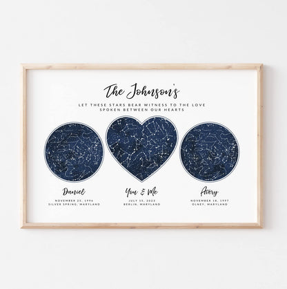 Custom 3 Sky Maps Print, Navy Watercolor Constellation Star Map