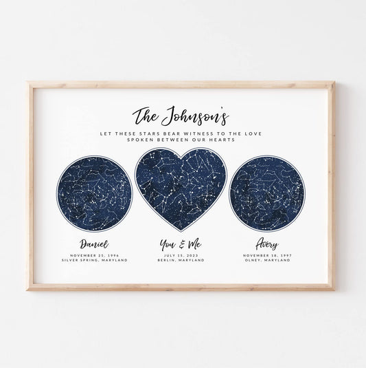 Custom 3 Sky Maps Print, Navy Watercolor Constellation Star Map