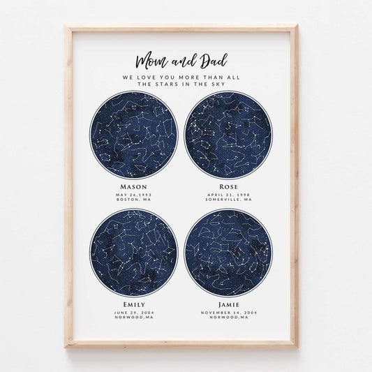 Custom 4 Sky Maps Print, Navy Watercolor Constellation Star Map