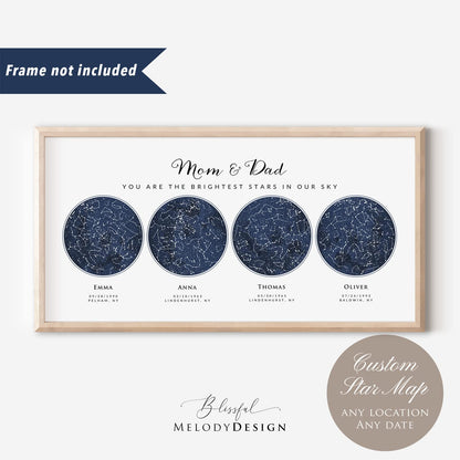 Custom 4 Sky Maps Print, Navy Watercolor Constellation Star Map