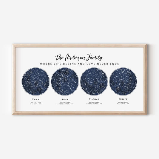 Custom 4 Sky Maps Print, Navy Watercolor Constellation Star Map