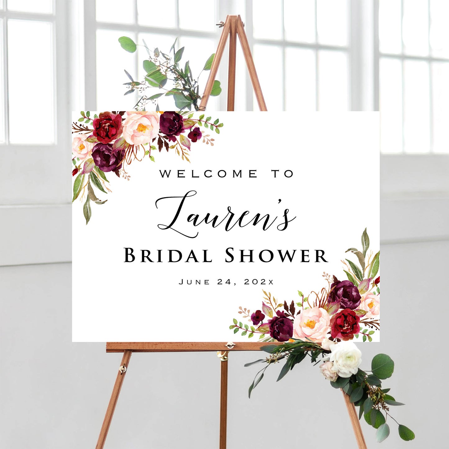 Personalized Burgundy Theme Bridal Shower Welcome Sign, Customized Bridal Luncheon Baby Shower Baptism Celebration Welcome Poster Board Canvas