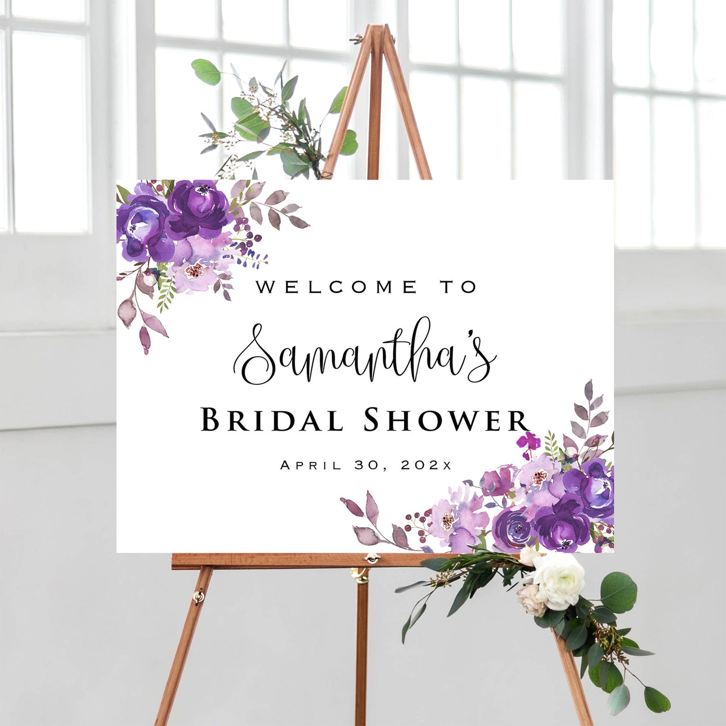 Personalized Purple Theme Bridal Shower Welcome Sign, Customized Bridal Luncheon Baby Shower Baptism Celebration Welcome Poster Board Canvas