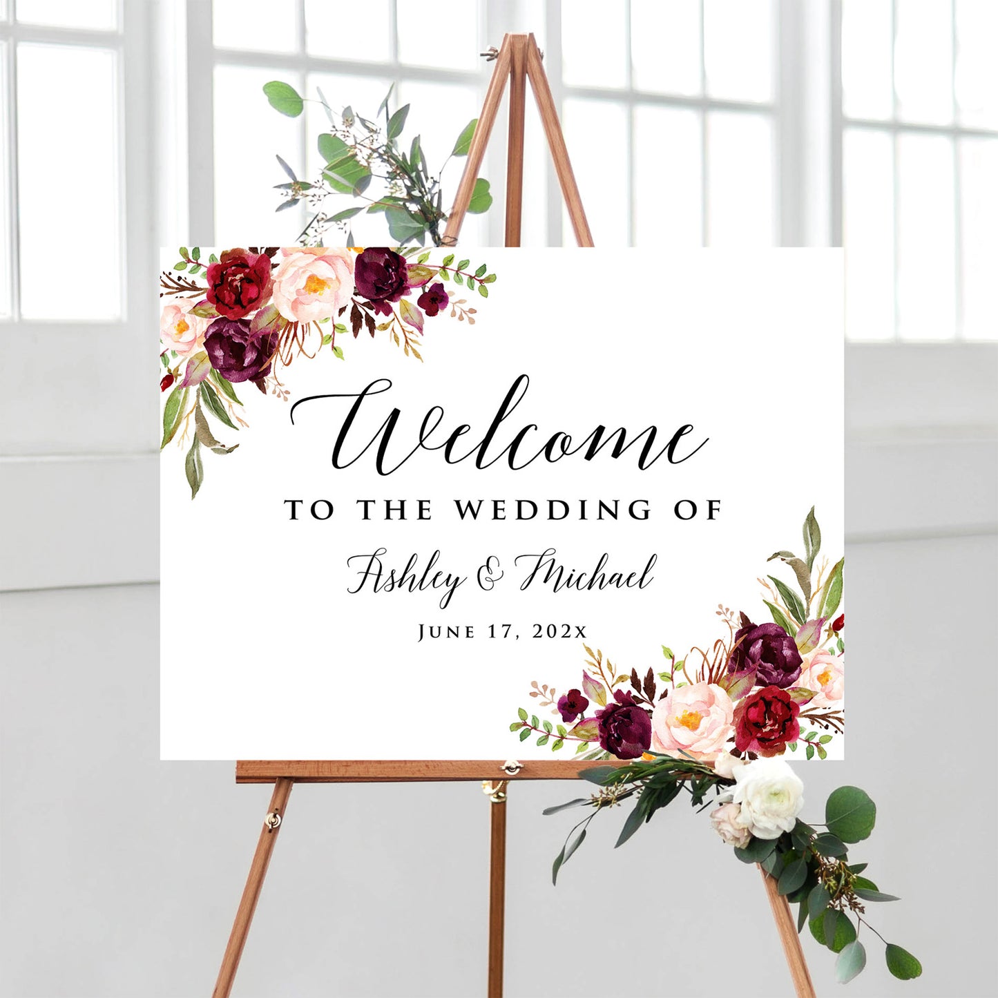 Personalized Burgundy Theme Wedding Welcome Sign, Customized Rehearsal Dinner Couples Shower Anniversary Party Welcome Poster Board Canvas