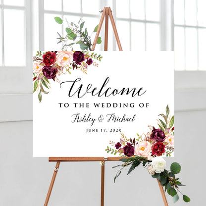 Personalized Burgundy Theme Wedding Welcome Sign, Customized Rehearsal Dinner Couples Shower Anniversary Party Welcome Poster Board Canvas