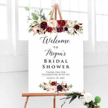 Personalized Burgundy Theme Bridal Shower Welcome Sign, Customized Bridal Luncheon Baby Shower Baptism Celebration Welcome Poster Board Canvas