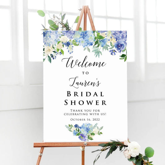 Personalized Blue Theme Bridal Shower Welcome Sign, Customized Bridal Luncheon Baby Shower Baptism Celebration Welcome Poster Board Canvas