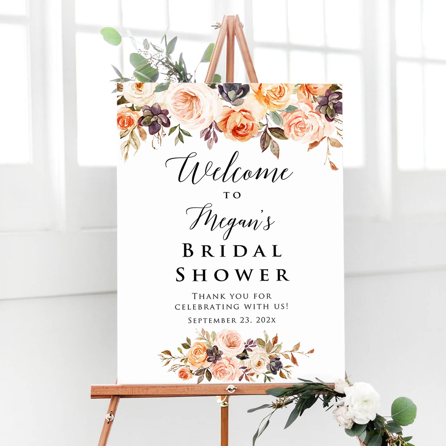 Personalized Orange Autumn Theme Bridal Shower Welcome Sign, Customized Bridal Luncheon Baby Shower Baptism Celebration Welcome Poster Board Canvas