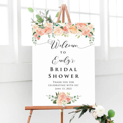 Personalized Peach Theme Bridal Shower Welcome Sign, Customized Bridal Luncheon Baby Shower Baptism Celebration Welcome Poster Board Canvas