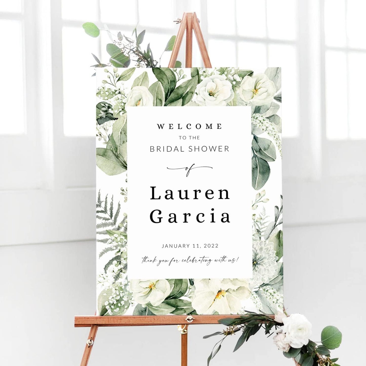 Personalized Green Theme Bridal Shower Welcome Sign, Customized Bridal Luncheon Baby Shower Baptism Celebration Welcome Poster Board Canvas