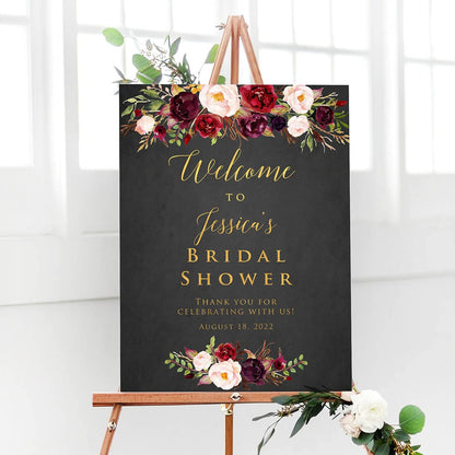 Personalized Burgundy Black Background Bridal Shower Welcome Sign, Customized Bridal Luncheon Baby Shower Baptism Celebration Welcome Poster Board Canvas