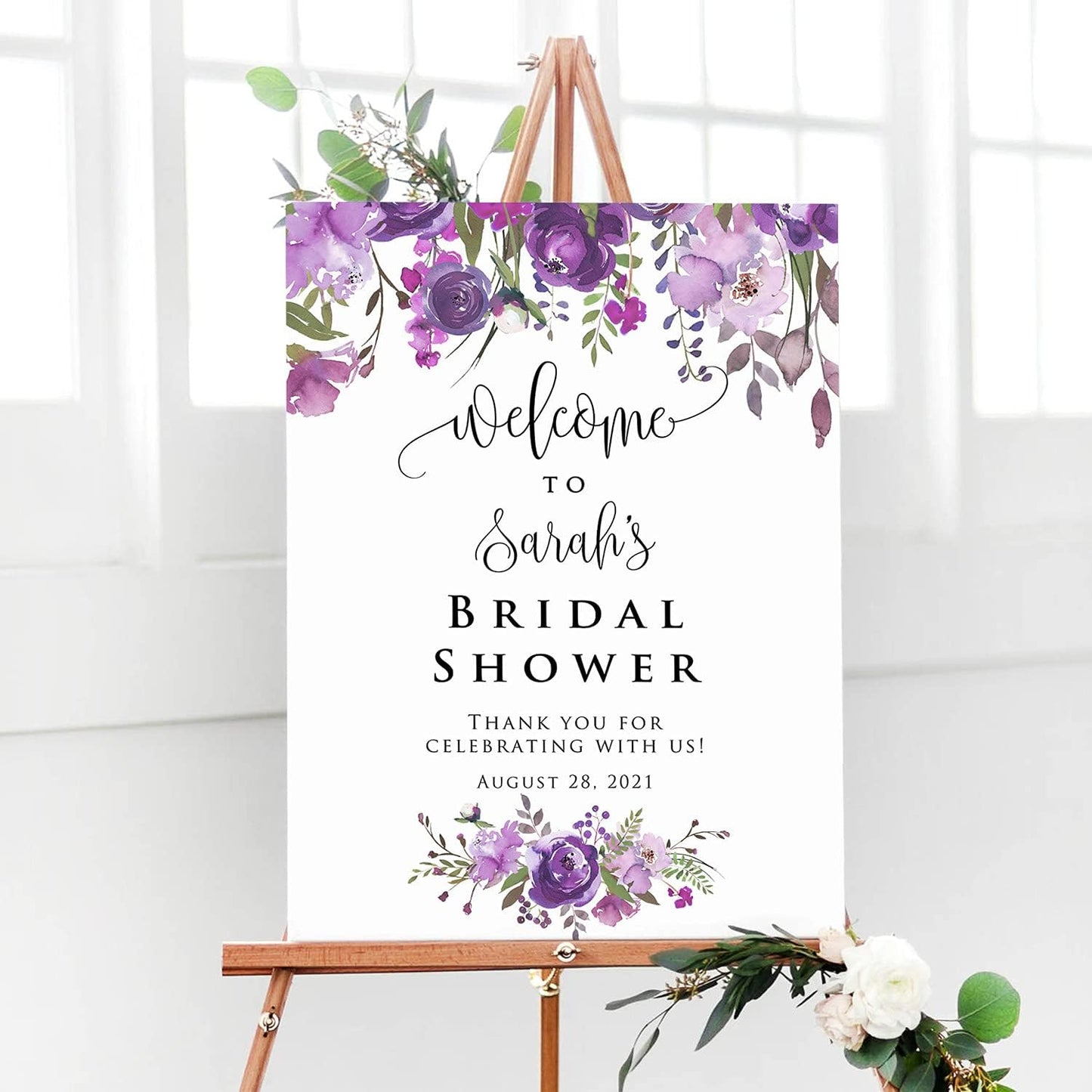 Personalized Purple Theme Bridal Shower Welcome Sign, Customized Bridal Luncheon Baby Shower Baptism Celebration Welcome Poster Board Canvas