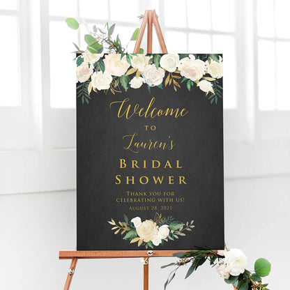 Personalized Ivory Cream Black Background Bridal Shower Welcome Sign, Customized Bridal Luncheon Baby Shower Baptism Celebration Welcome Poster Board Canvas