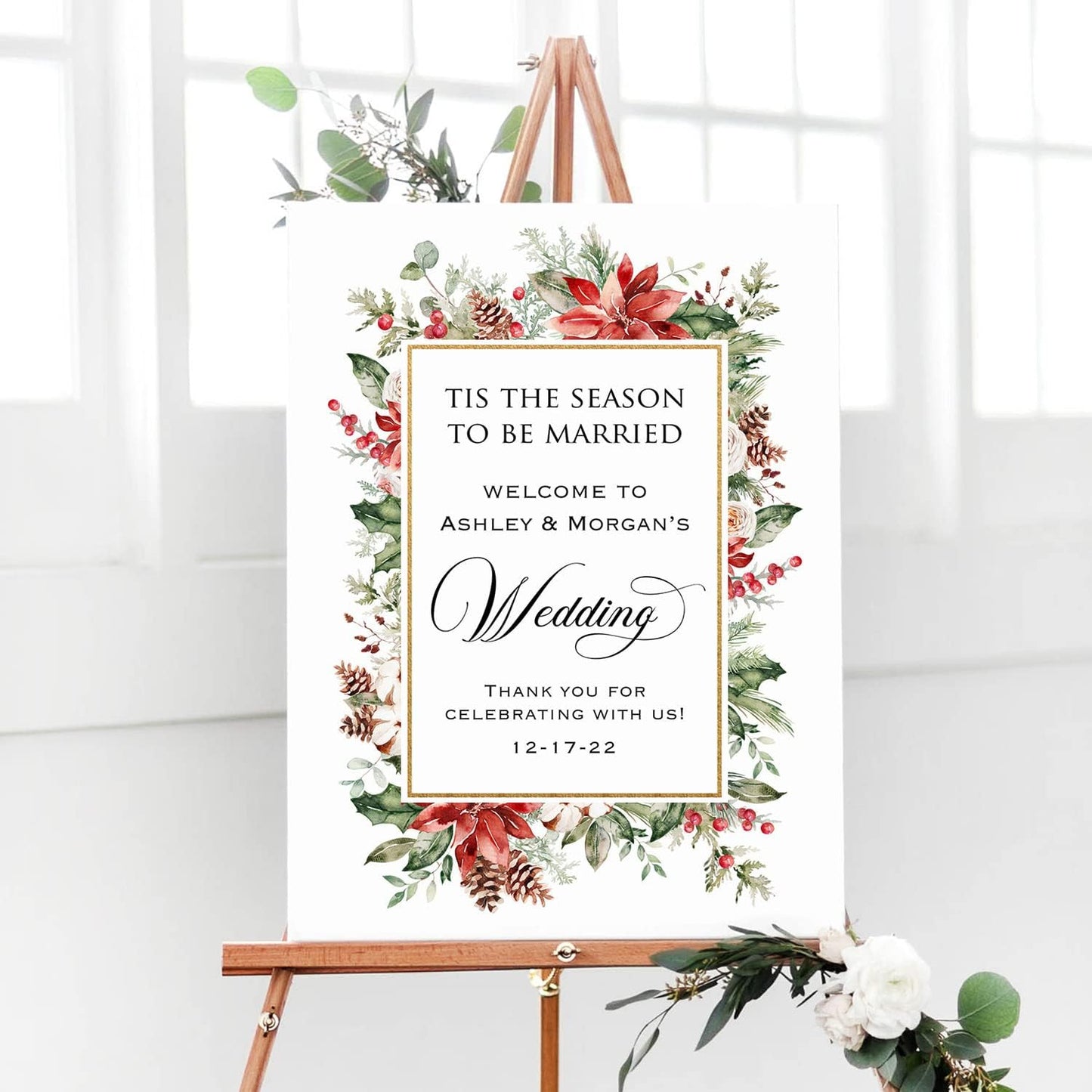 Personalized Christmas Theme Wedding Welcome Sign, Customized Rehearsal Dinner Couples Shower Anniversary Party Welcome Poster Board Canvas