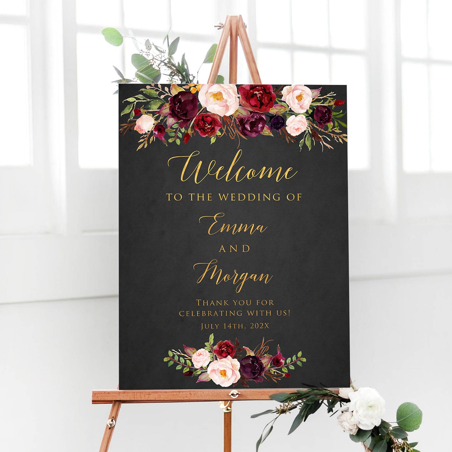 Personalized Burgundy Black Background Wedding Welcome Sign, Customized Rehearsal Dinner Couples Shower Anniversary Party Welcome Poster Board Canvas