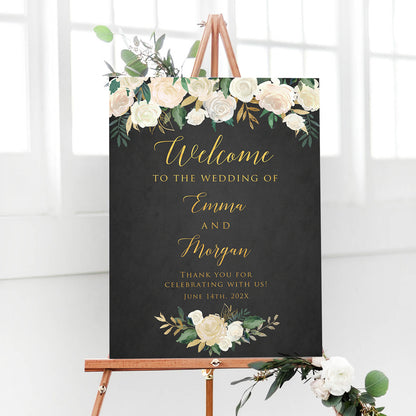 Personalized Ivory Cream Black Background Wedding Welcome Sign, Customized Rehearsal Dinner Couples Shower Anniversary Party Welcome Poster Board Canvas