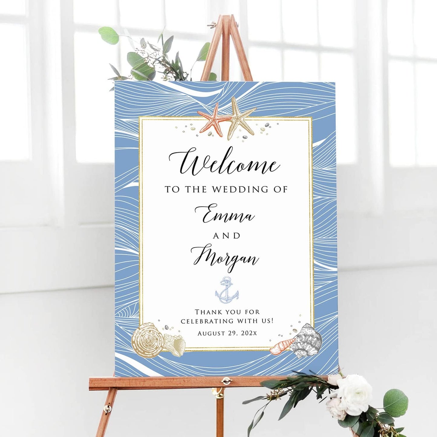 Personalized Blue Theme Wedding Welcome Sign, Customized Rehearsal Dinner Couples Shower Anniversary Party Welcome Poster Board Canvas